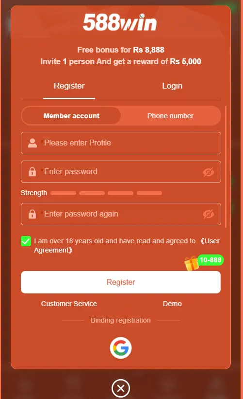  588Win Register and login interface