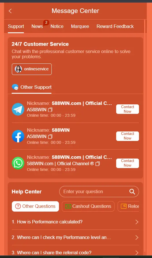  588Win Customer Support interface